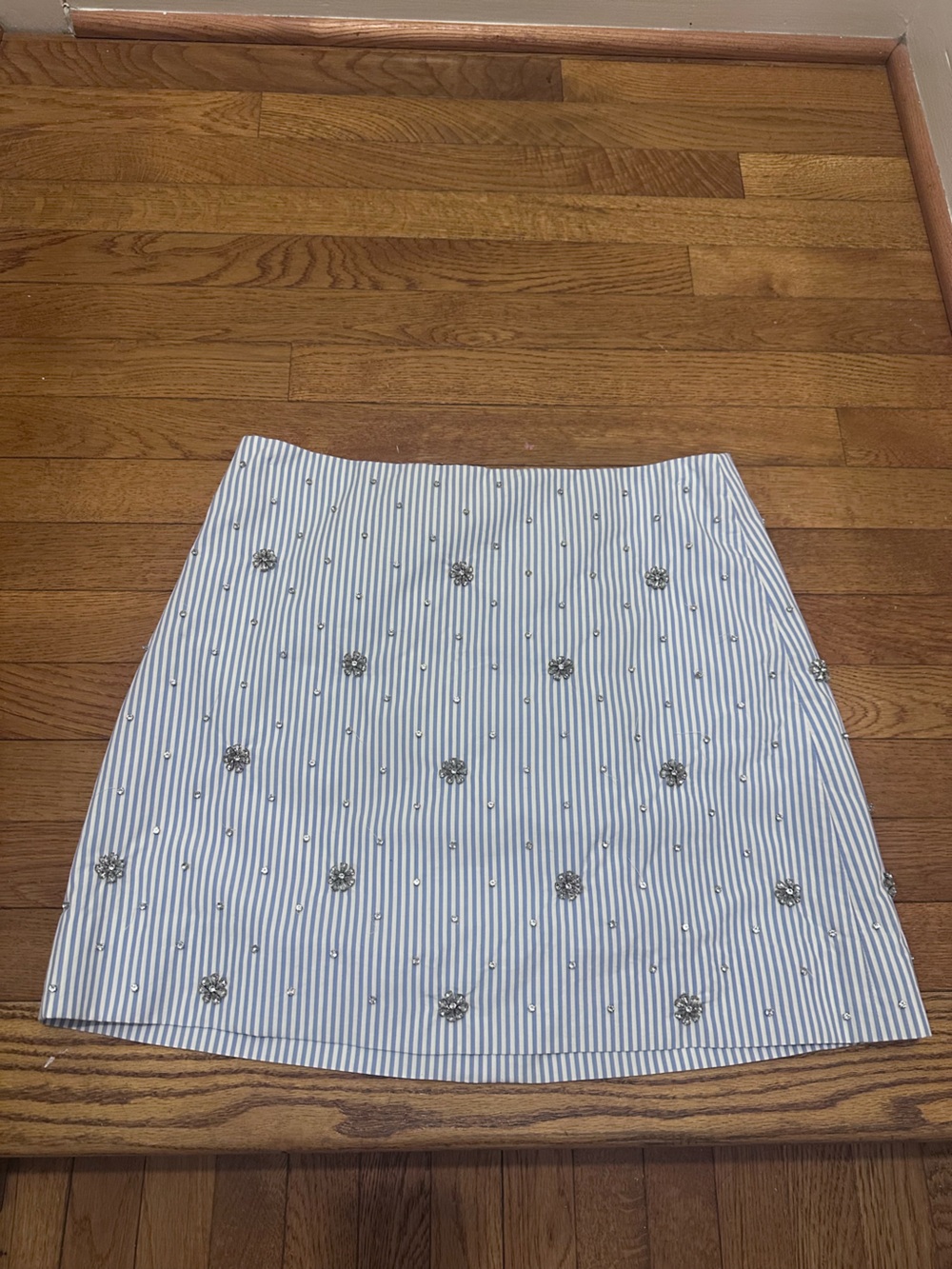 J. Crew Blue and White Striped Embellished Button-Down Skirt